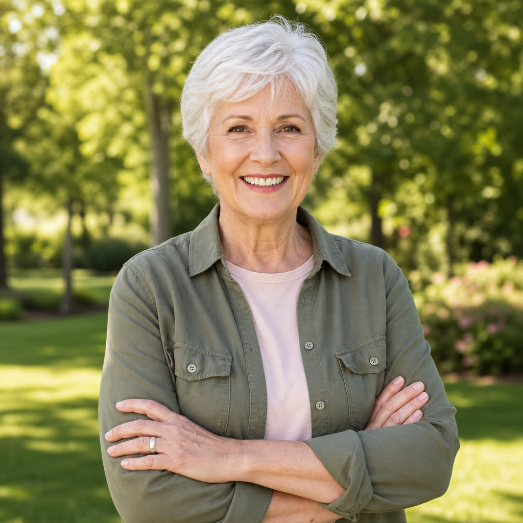 A smiling senior woman outdoors
